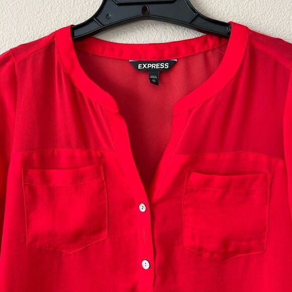 Express Bold Red Half Button Up Chiffon Blouse - Picture 6 of 6